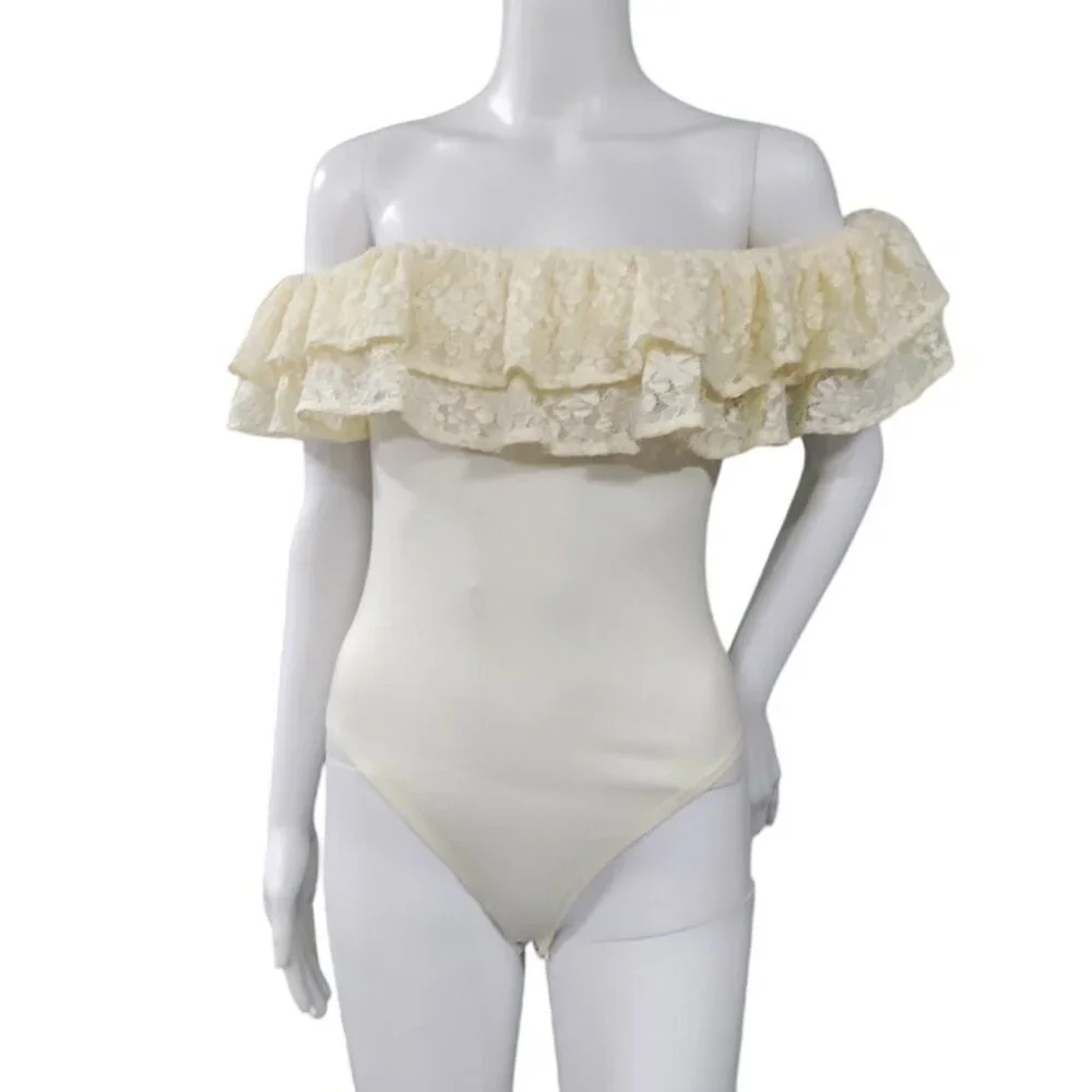 Coco + Jaimeson OffShoulder Lace Ruffle Cream Bodysuit Boho Festive Whimsy Small - Picture 5 of 11